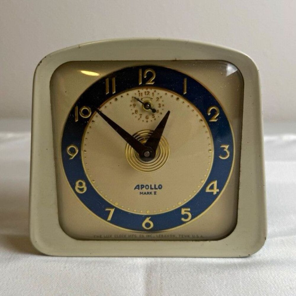 Lux Apollo Mark II Mechanical Analog Alarm Clock Square White/Blue Metal Glass